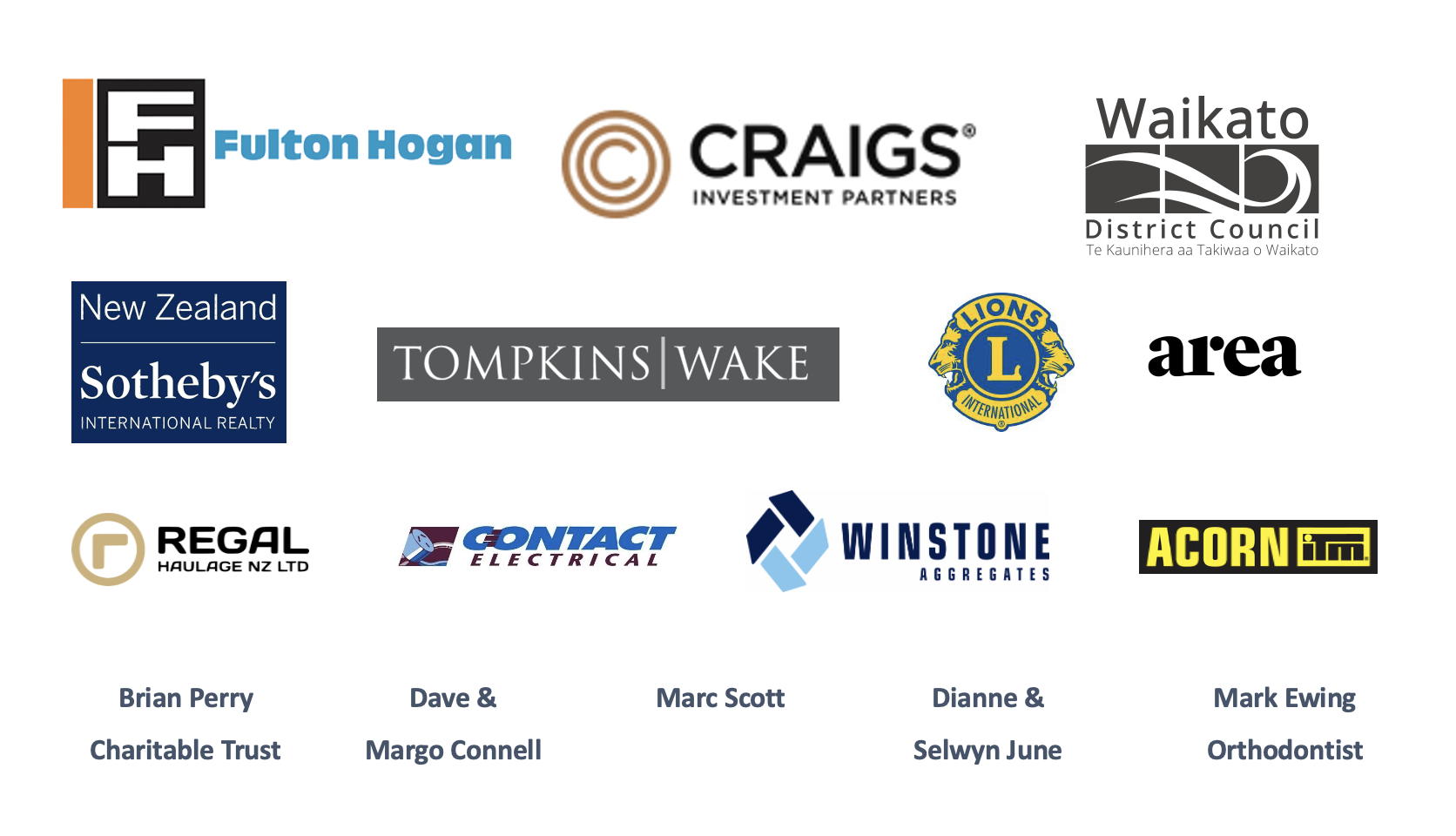 Sponsor Logos: Fulton Hogan, Craigs Investment Partners, New Zealand Sothebys International Realty,  Waikato District Council, Lions Club (Tamahere), Area Design, Regal Haulage, lTompkins Wake, Acorn iTM, Winstone Aggregates