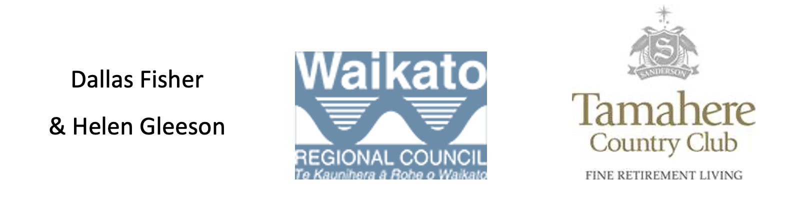 Logos of principal project partners: Waikato regional council, tamahere country club and Dallas Fisher & Helen Gleeson