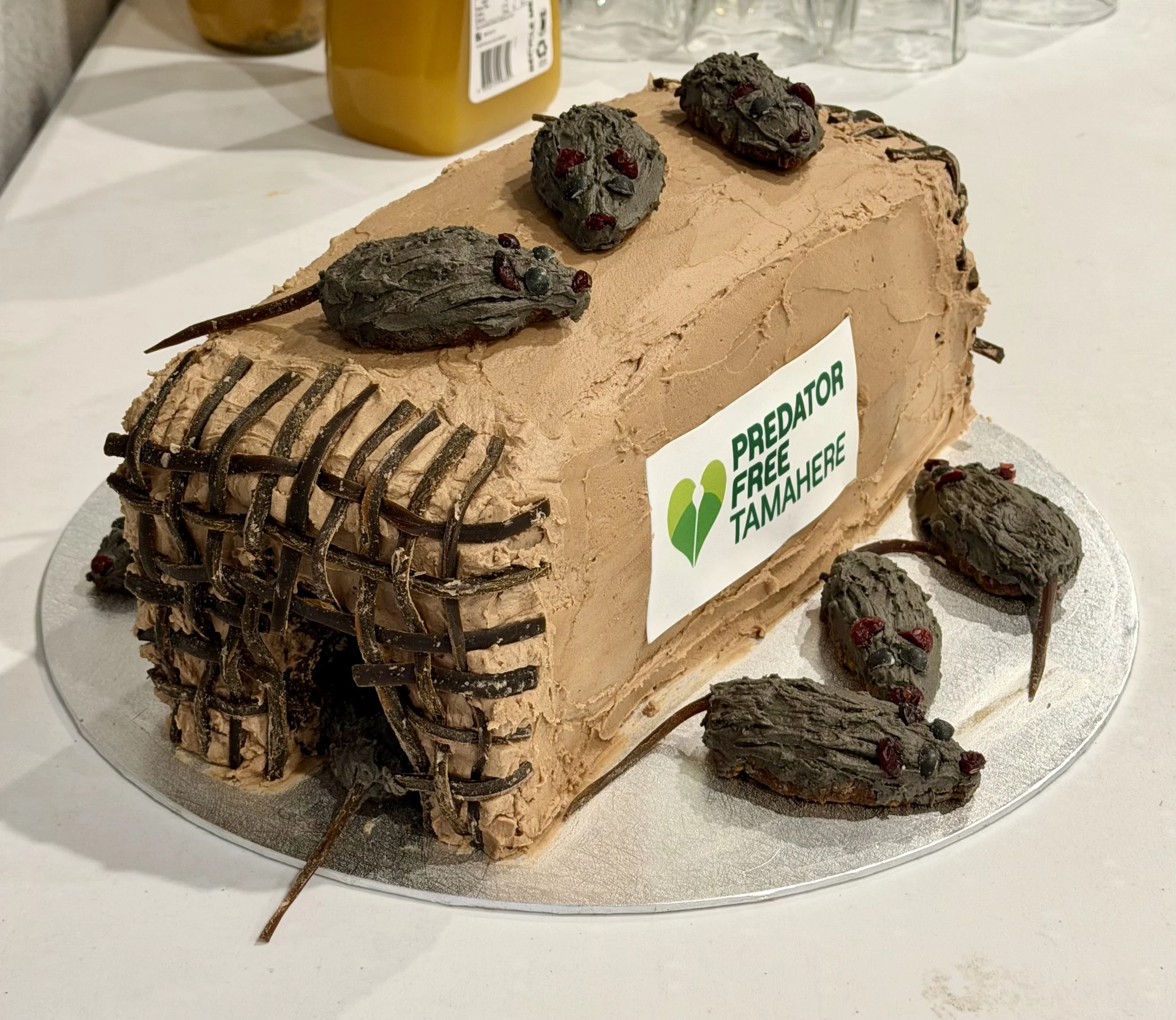 Rat-trap themed celebration cake marking Predator Free Tamahere’s Mayoral Award and more than 14,000 pests removed.