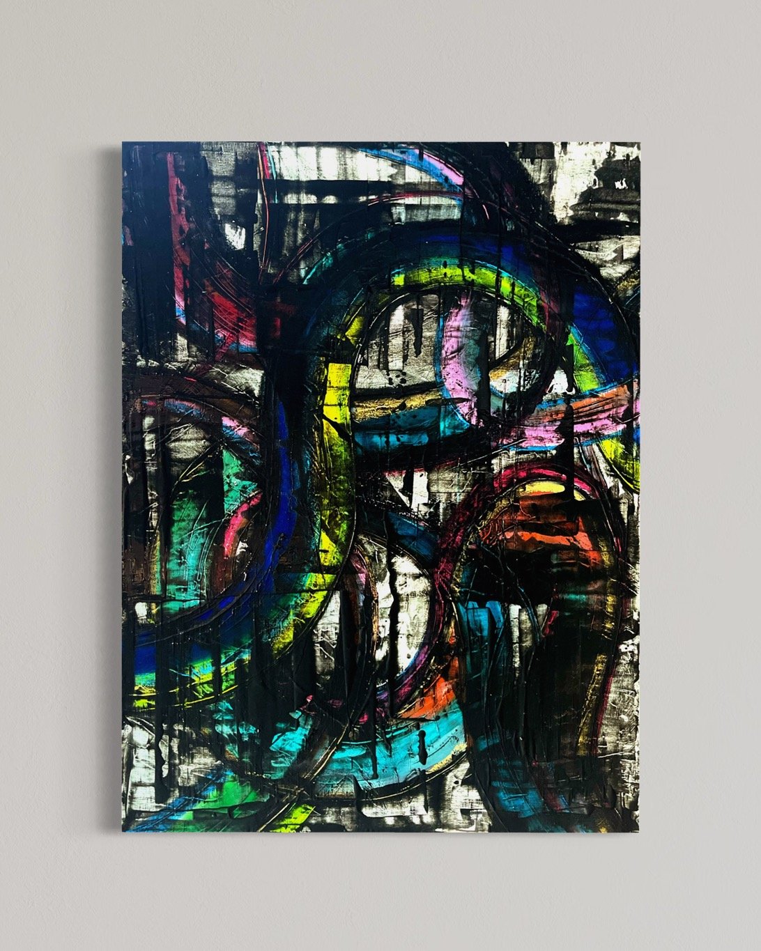 'FUSION' 40" x 30" A burst of vibrant colours and bold lines capturing the essence of movement and energy.Natural pigment and oils on canvas 2025