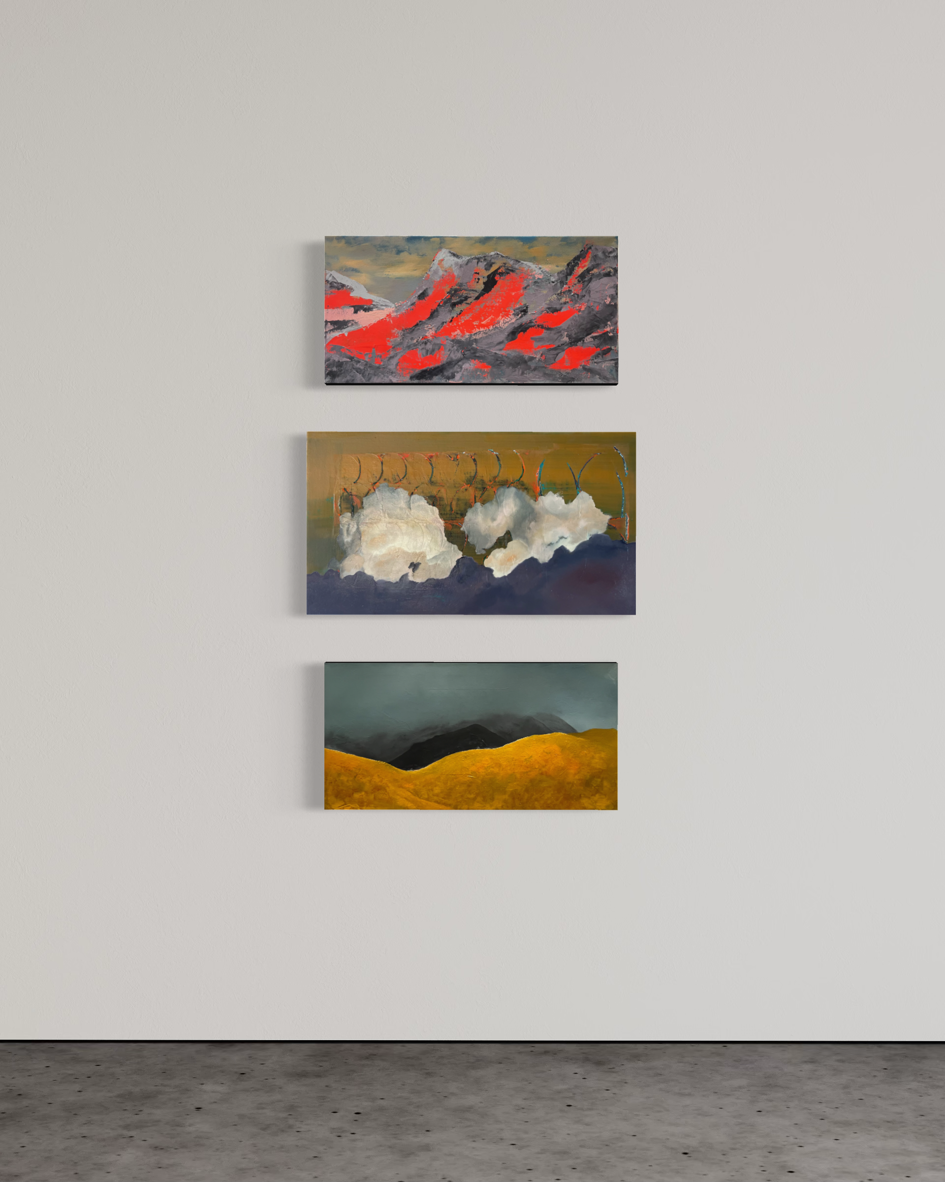 'Untitled top' 12" x 24", 'Untitled middle' 15" x 27", 'Untitled bottom' 12" x 24", All Natural Pigment and oil on canvas 
