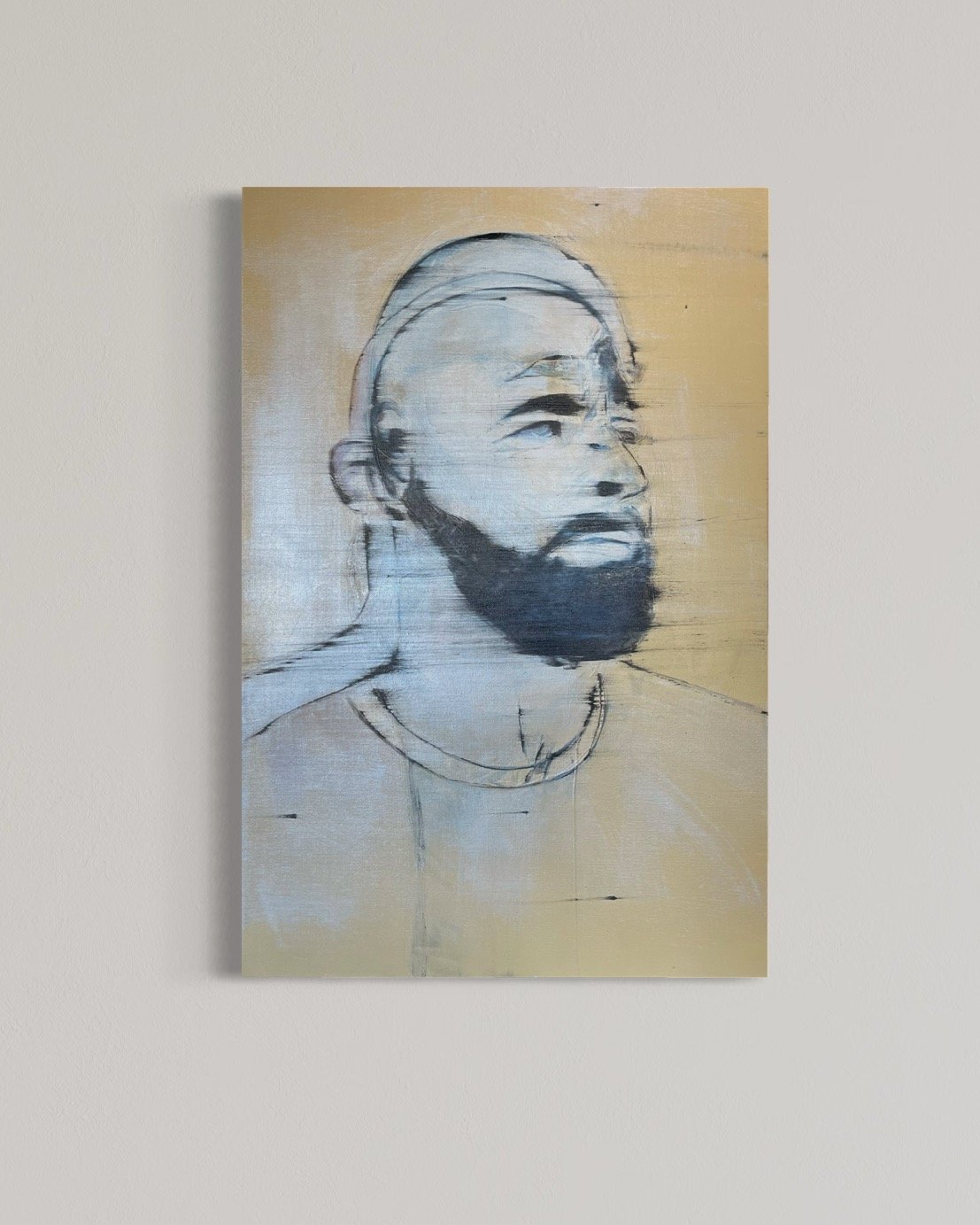 'GAZE' 36" x 24" An ethereal self portrait capturing a contemplative gaze, blending realism with abstraction. Natural pigment and oils on canvas 2025