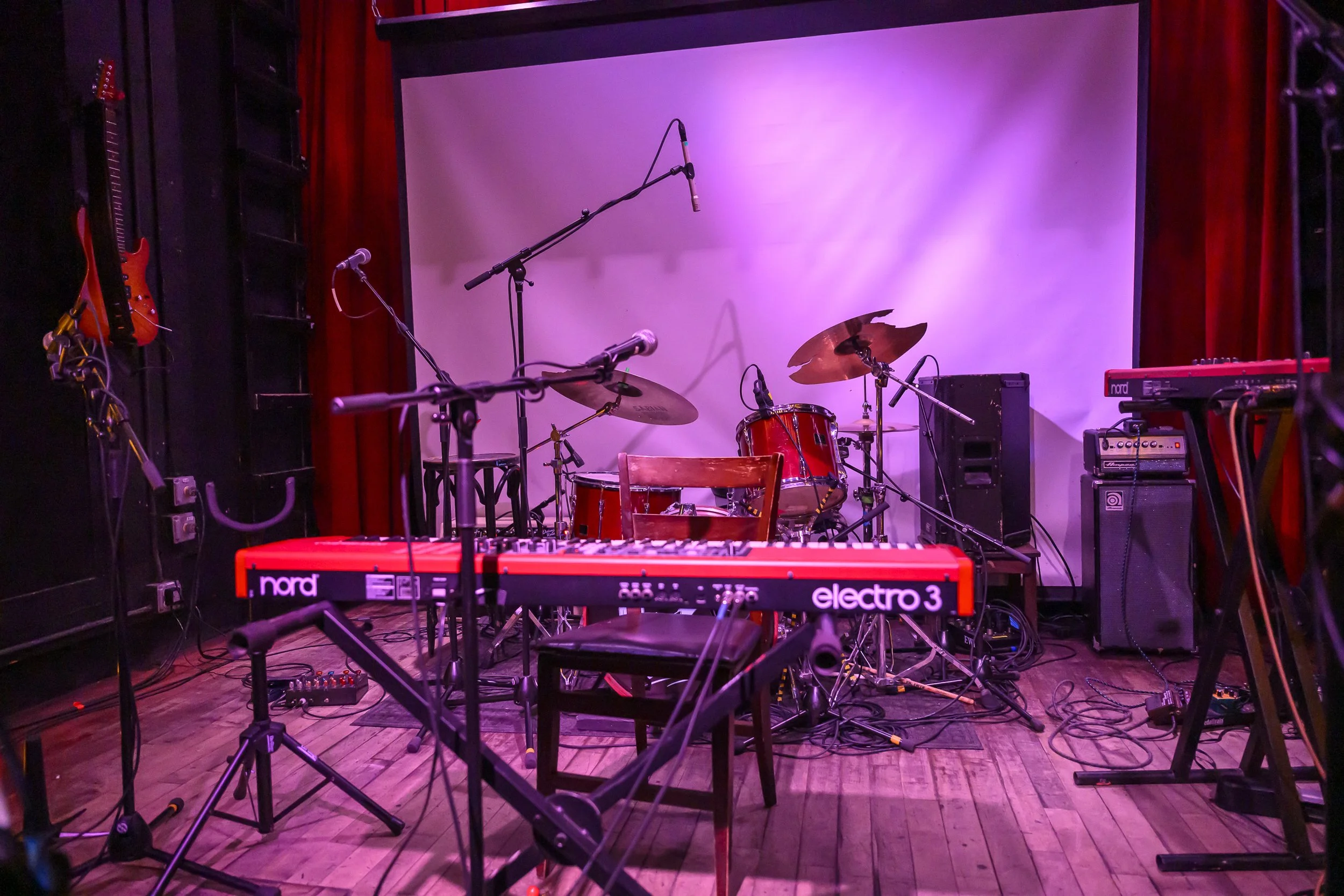 The stage at Union Pool after Jon Benjamin &amp; The Jazz Daredevil Band finished their set