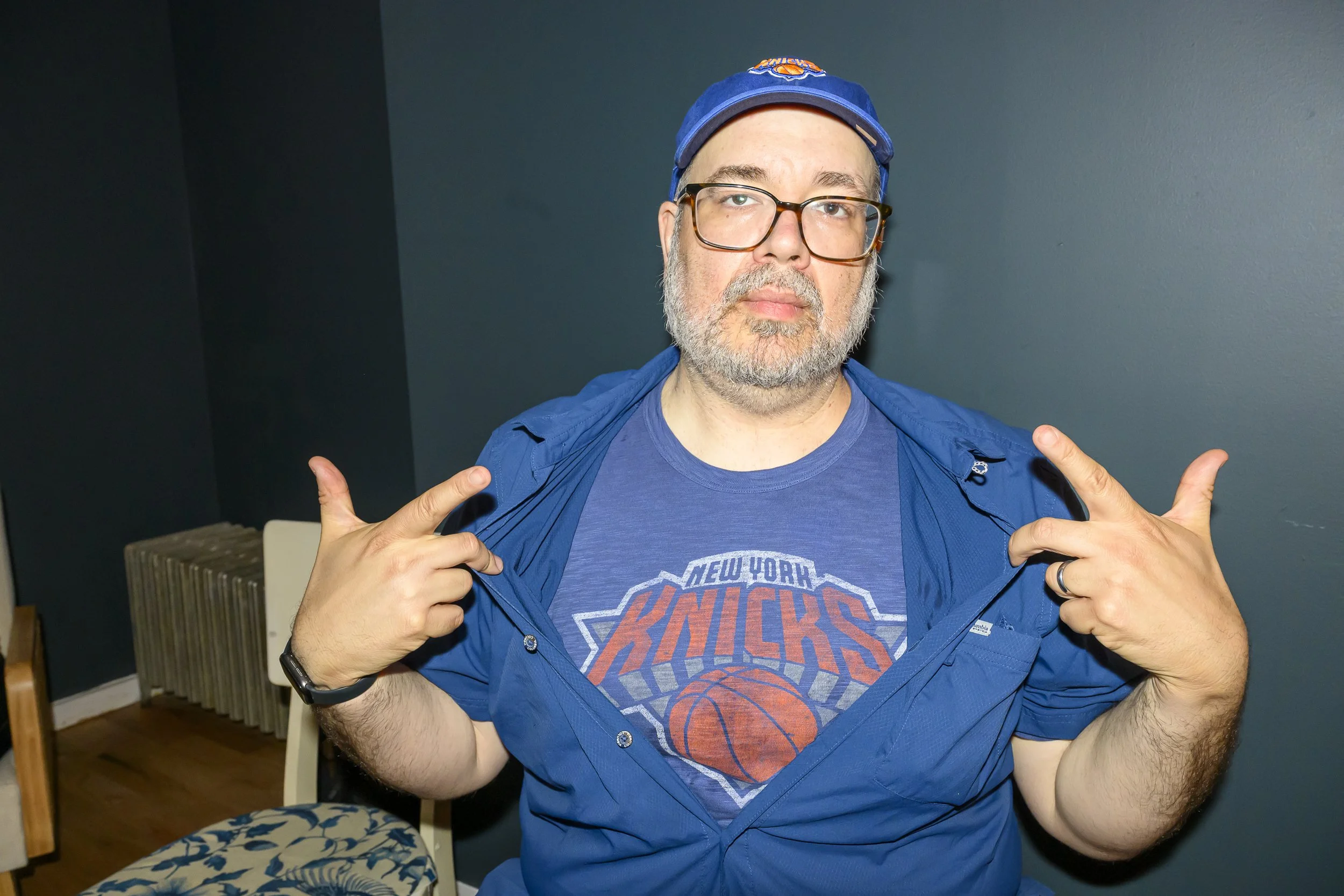 Eric with a Knicks shirt and hat before Game 4 started