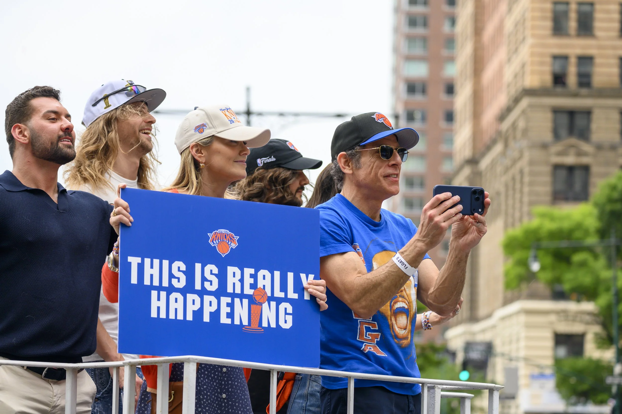 Christine Taylor (left) and Ben Stiller (right) at the New York Knicks Championship Parade