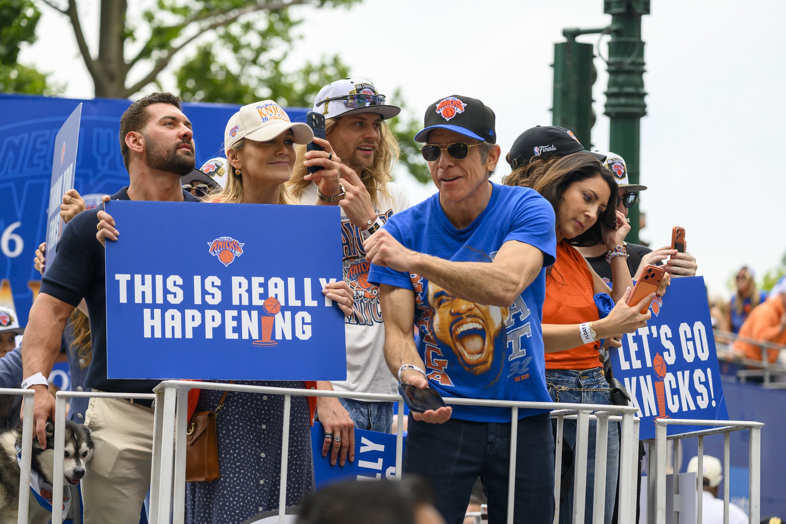 Christine Taylor (left) and Ben Stiller (right) at the New York Knicks Championship Parade