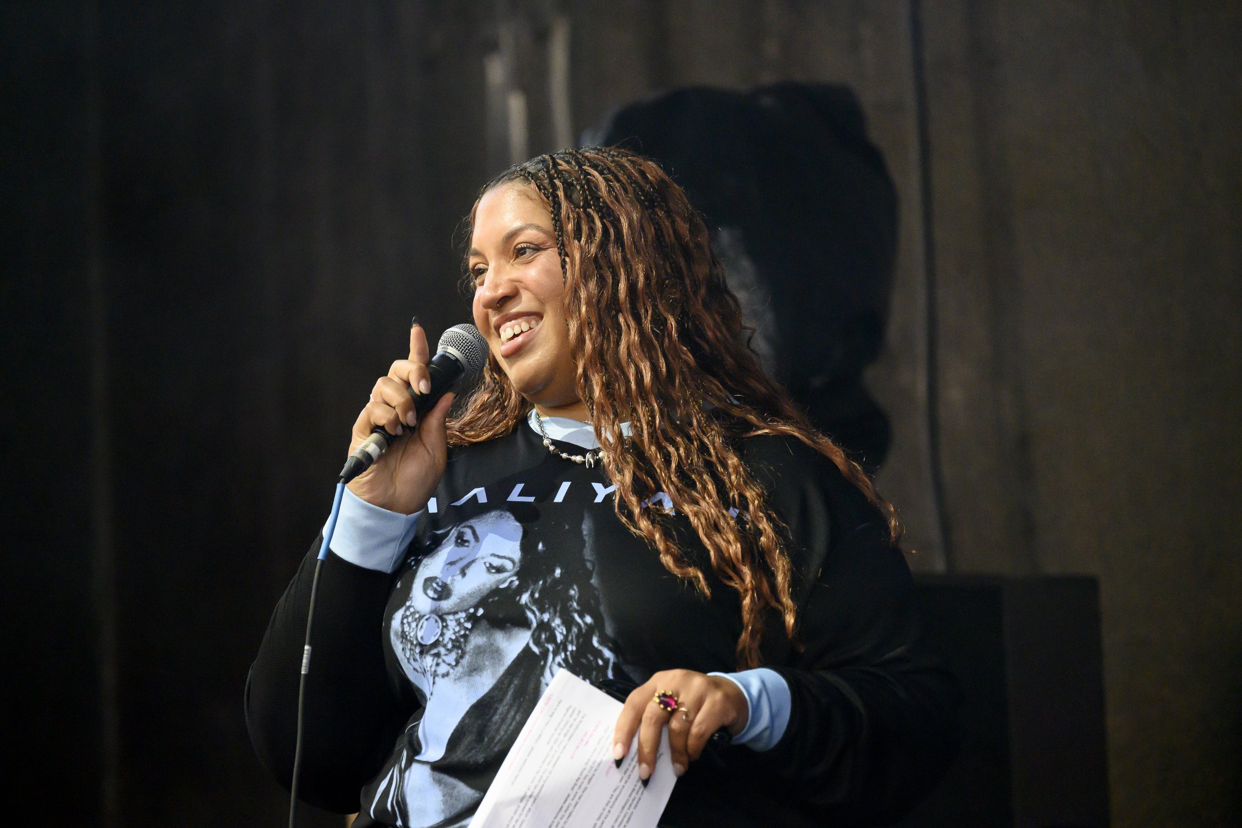 Host Brittany Spanos during BRIC Celebrates Aaliyah: One in a Million