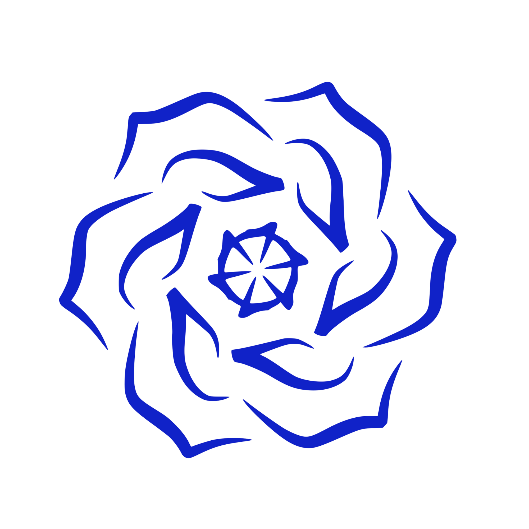 Stylized hand-drawn blue rose with intricate petal details on a black background.