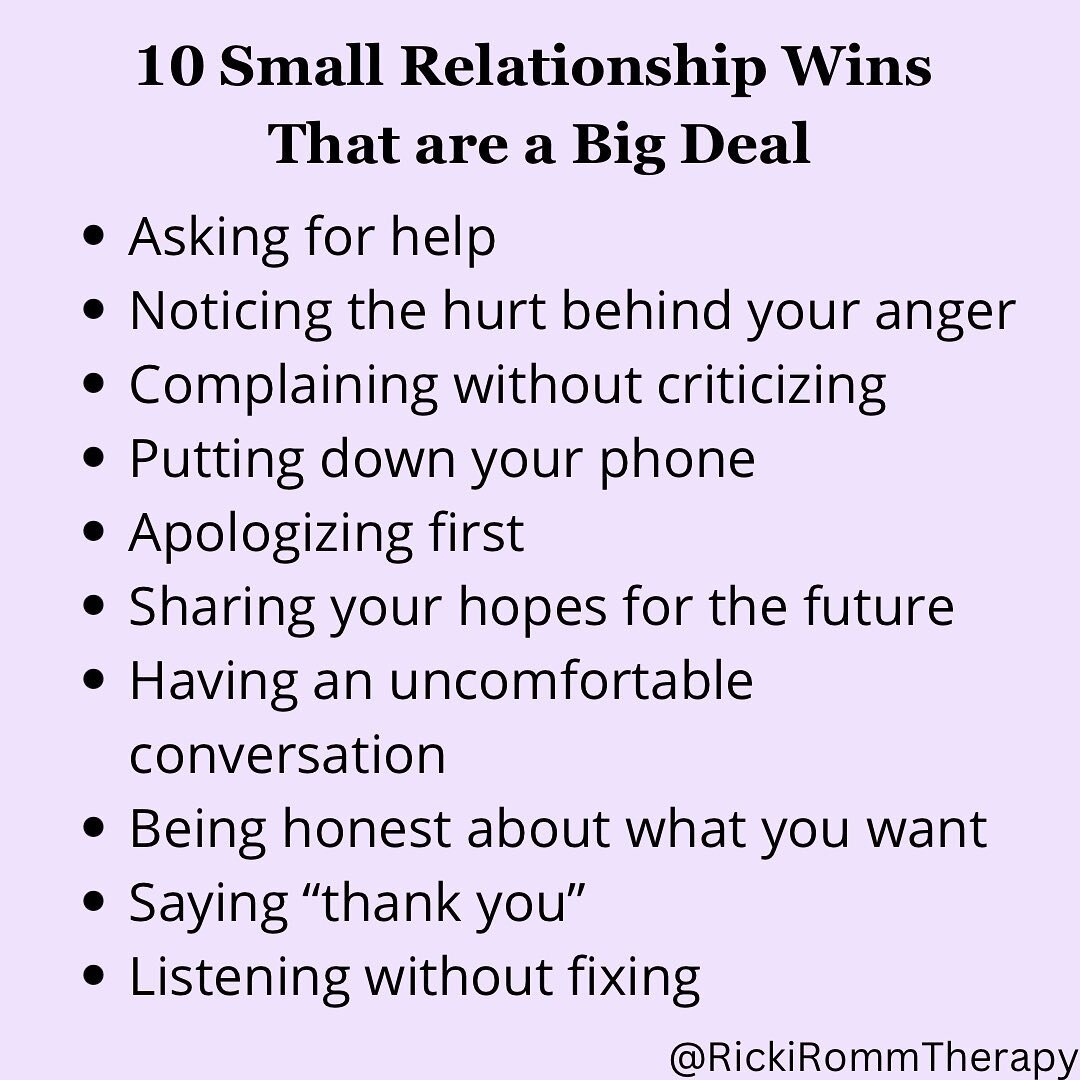 .
.
.
#smallwins #relationshiphacks #relationshiptherapy #couplescounseling #couplestherapy #askforhelp #improvecommunication #communicationskills #relationshipskills #psychotherapy