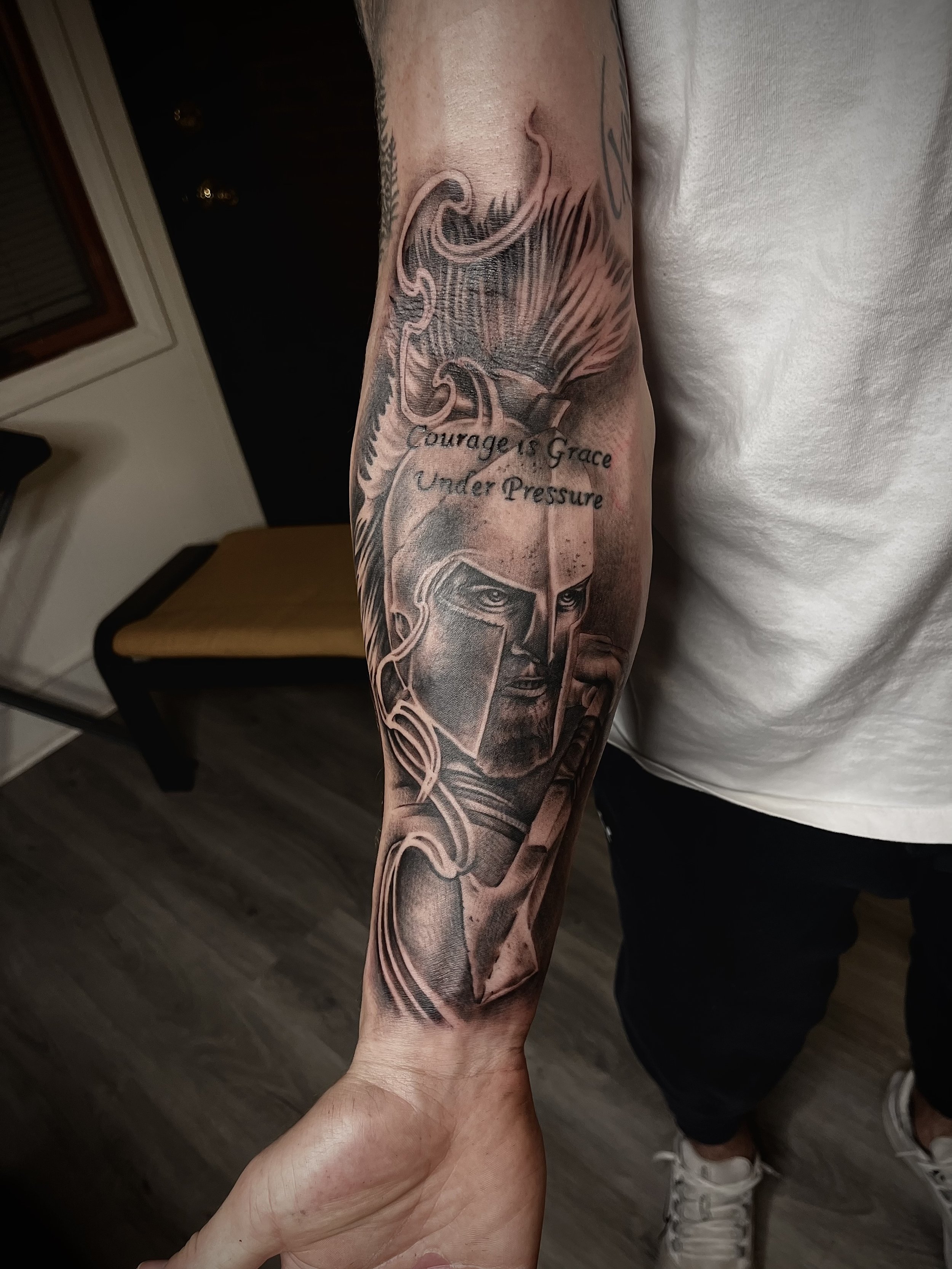 Custom designed forearm sleeve added to his existing small lettering focusing on textures contrast and important details.