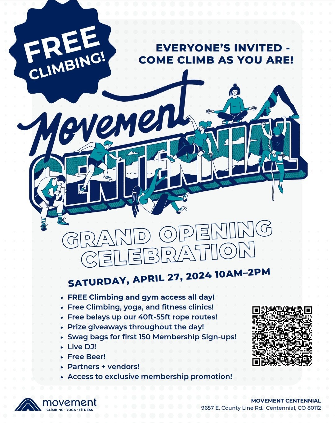 Free climbing at a brand new gym? Join us as we celebrate the grand opening of @movementgymscolorado Centennial on Saturday, April 27th. We'll be tabling so come say hello and ask us about our work!

Also featured that day:
- Prize giveaways througho