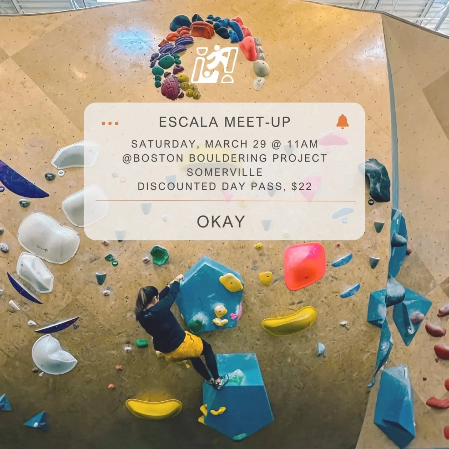 Vamos a Escalar 🧗🏾&zwj;♀️
Venga S&aacute;bado, Marzo 29th @ 11am, Boston Bouldering Project Somerville ✌🏾
Escala en comunidad! Beginner climbers and advanced climbers are all welcomed ❤️