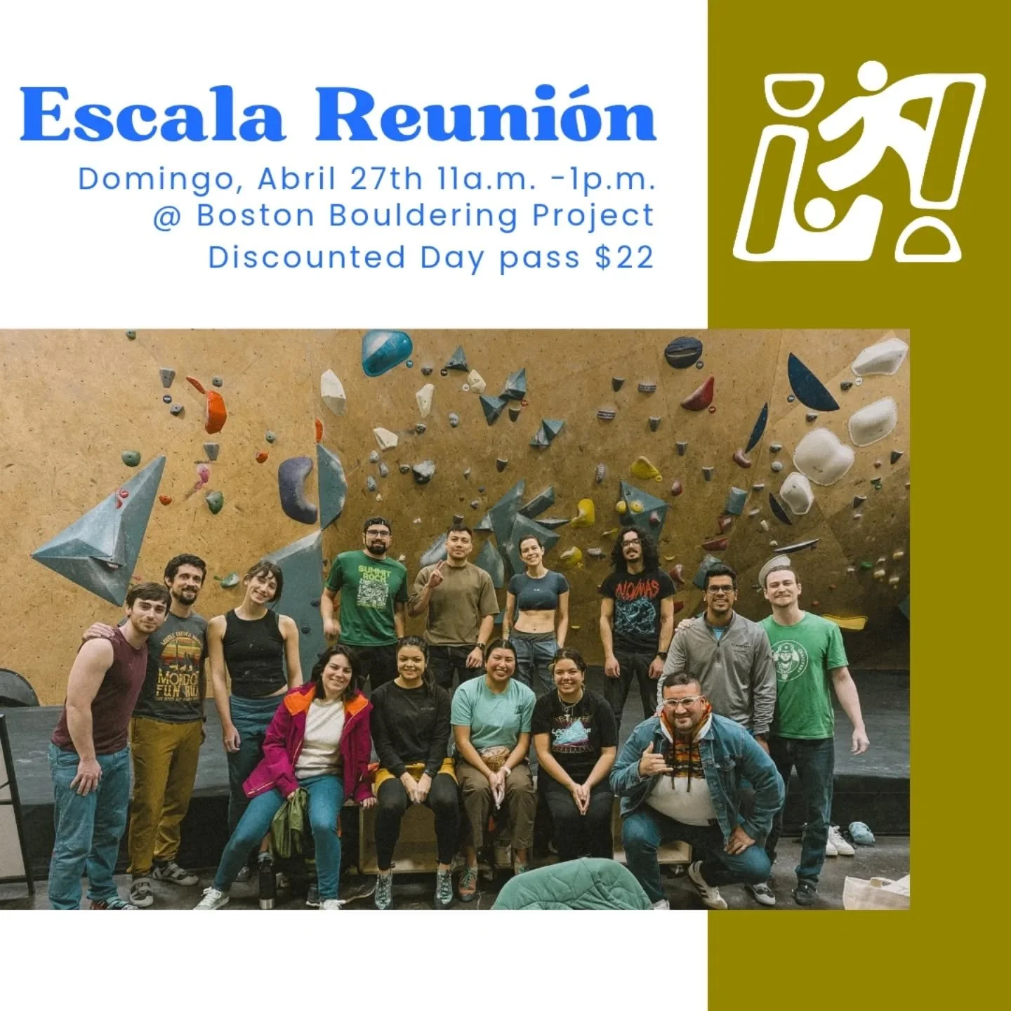 Come climb with your gente. New and seasoned climbers are welcome! 
Sunday starting at 11am at Boston Bouldering Project. 
See you then! ✌🏾