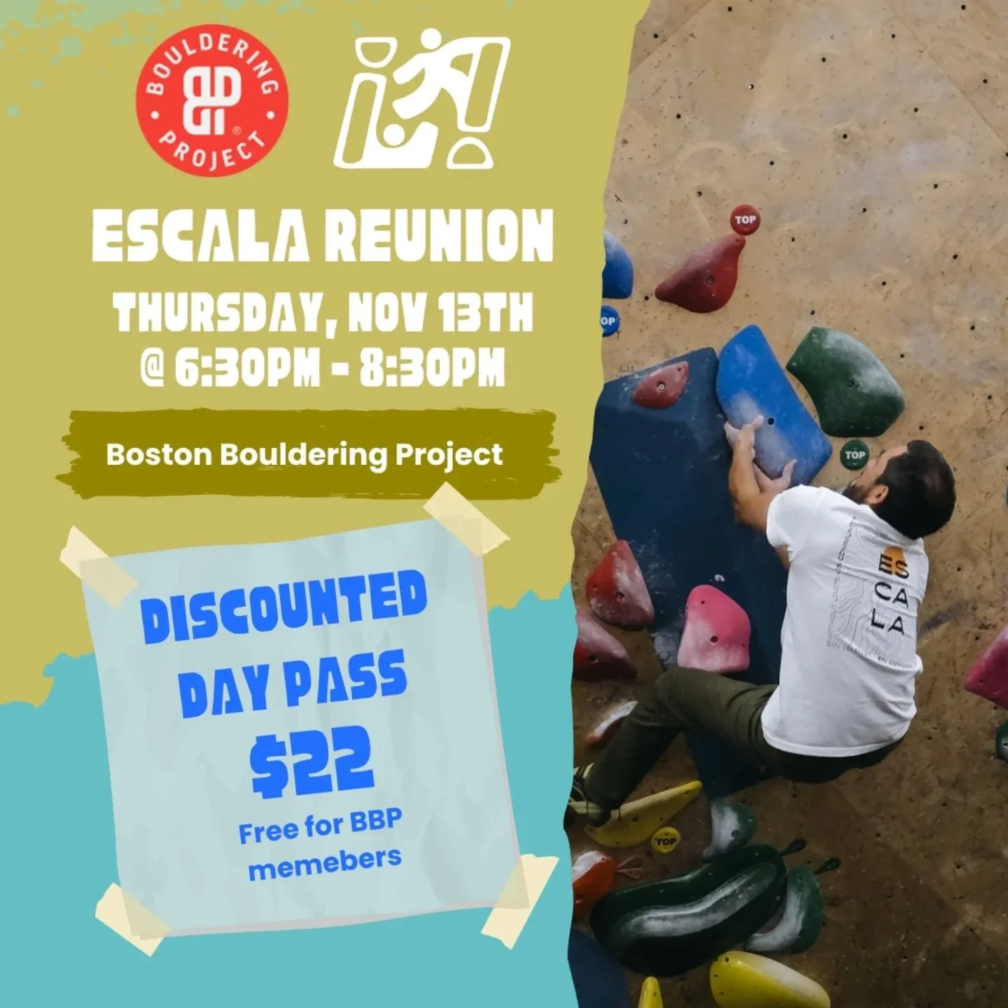 Hola Todos 👋🏾👋🏾
Next Escala gym night at Boston Bouldering Project is Thursday, Nov 13th at 6:30PM. We hope to see y'all there!! 🫶🏾🫶🏾
