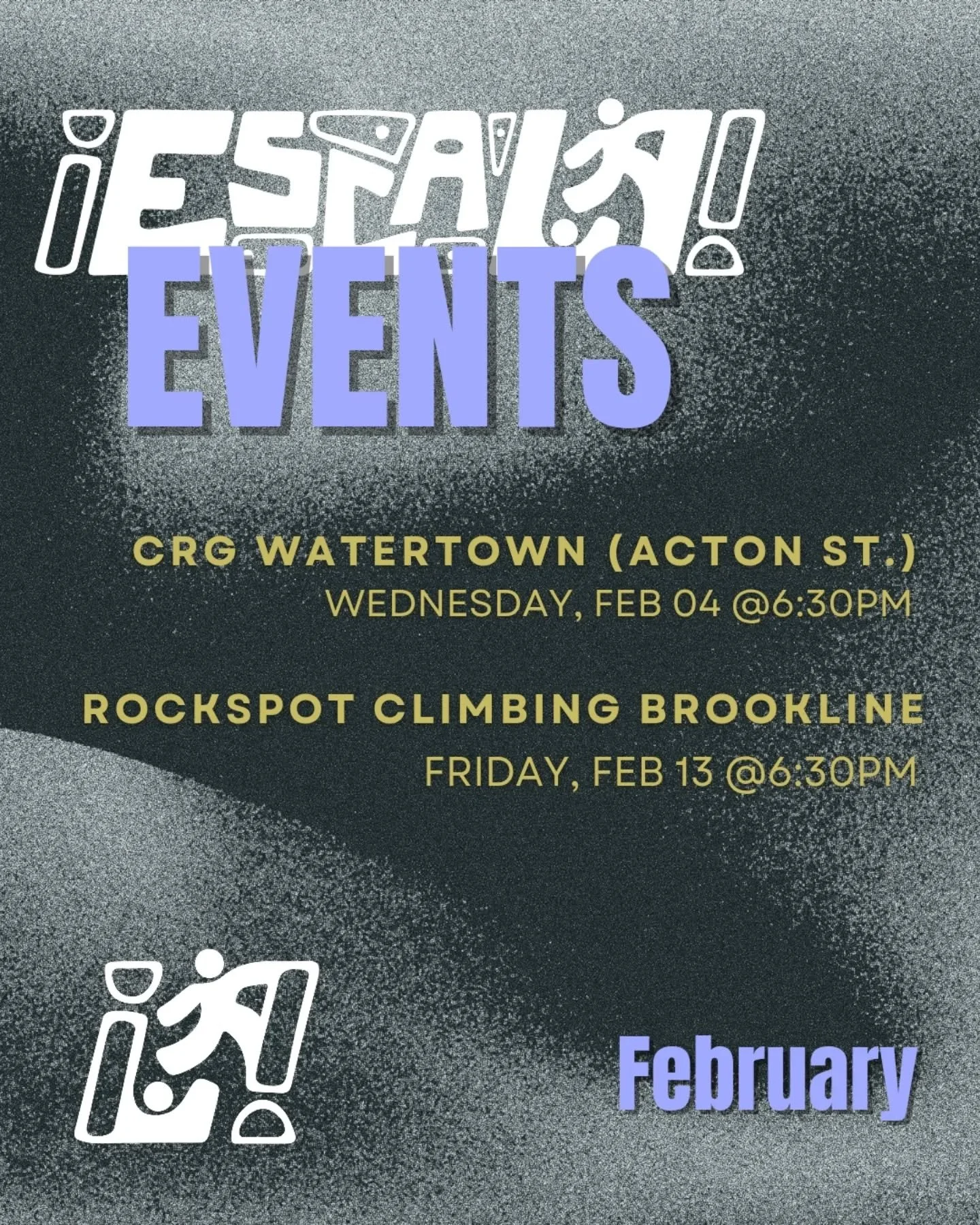 Hola Todo@s! 👋🏾
We have multiple events for you to climb in community!

02/04 CRG Watertown 
02/13 RockSpot Climbing in collaboration with @latinooutdoors_boston , this event requires a ticket so keep a lookout for the Eventbrite link closer to the