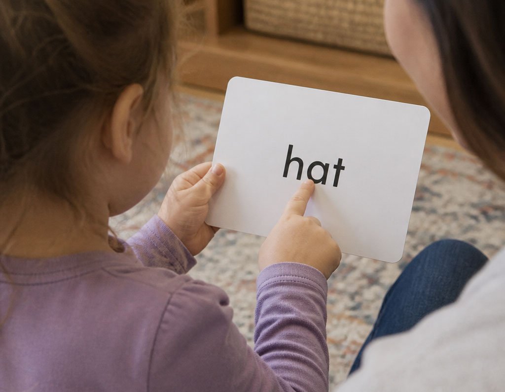 Parent and child practicing phonics together with a word flashcard