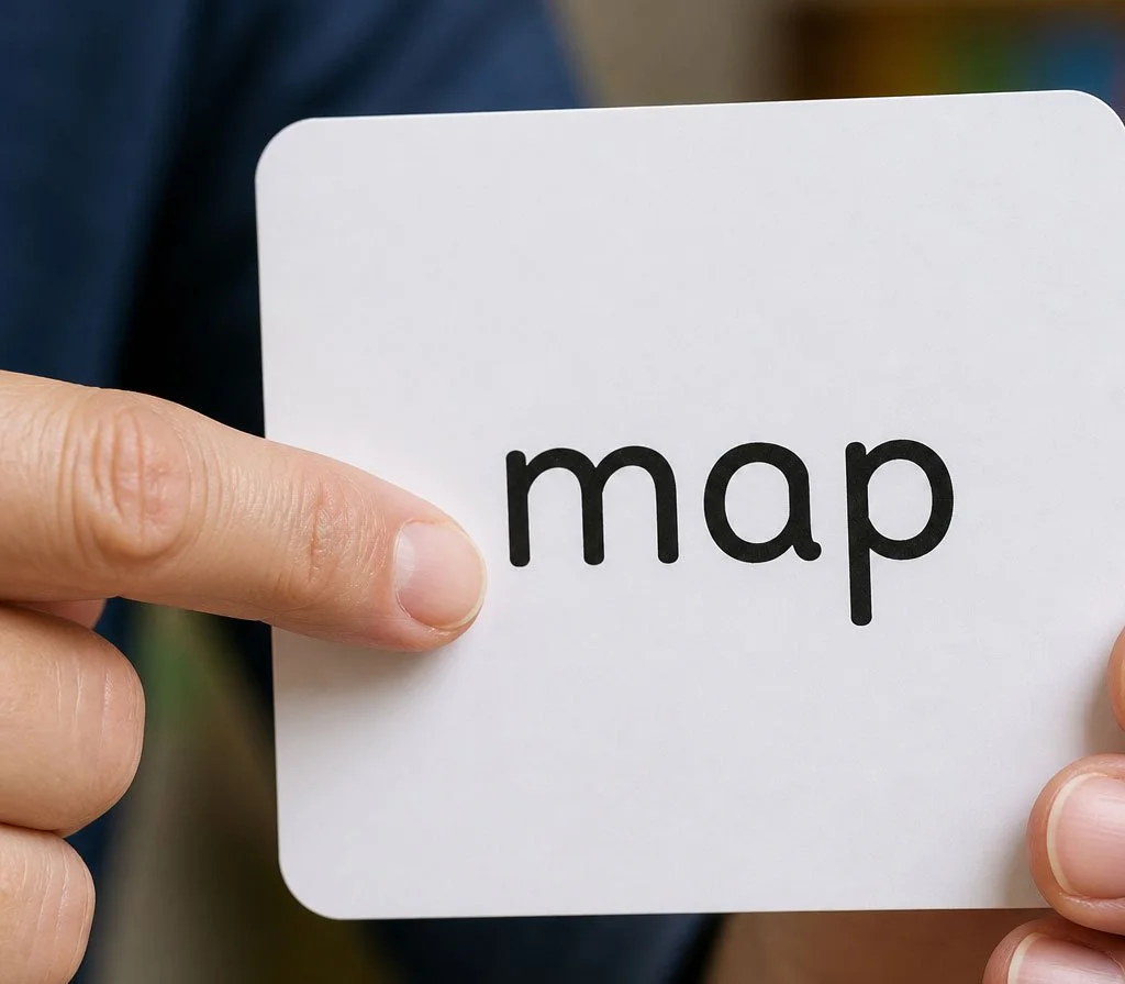 A parent holding up and pointing at a flashcard with the CVC word map during early phonics and decoding practice