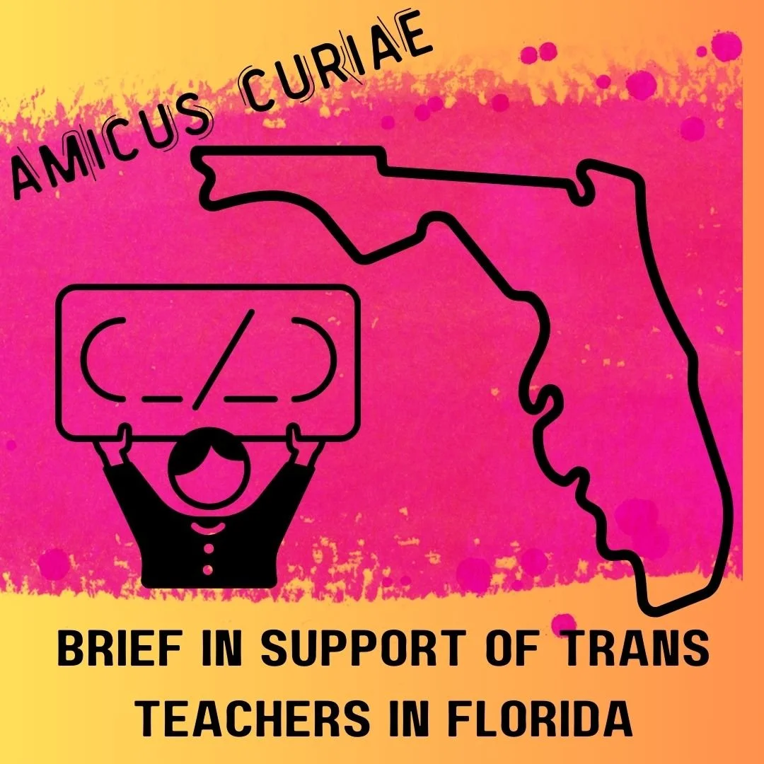 A yellow and pink image with an outline of Florida and a person holding up an empty sign that reads (__/__), suggesting the person's pronouns are missing from the image. The text says "Amicus curiae brief in support of trans teachers in Florida."