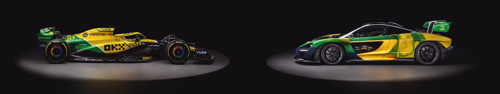 Two racing cars with Brazil-themed livery, one Formula 1 car on the left and one sports car on the right, displayed against a black background with spotlighting.