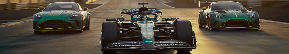 Race cars on a track at sunset, with a Formula racing car in the center and two luxury sports cars on either side.