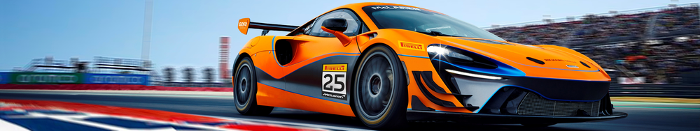 Orange McLaren racing car with Pirelli and other sponsor logos, number 25, on race track with blurred background and spectators.