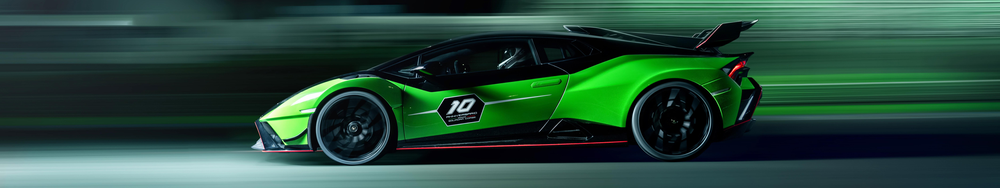 A green and black sports car racing on a track, with motion blur background, and a racing number 10 sticker on the door.