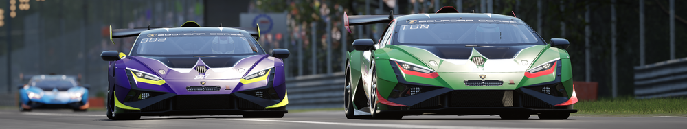 Two race cars on a racing track, one purple with yellow accents and one green with black, red, and white accents, with a blue car in the background.