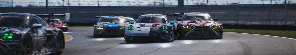 Race cars on a wet racetrack, closely competing during a race.
