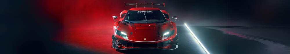 A red Ferrari racing car on a dark track with bright headlights and a prominent rear wing.