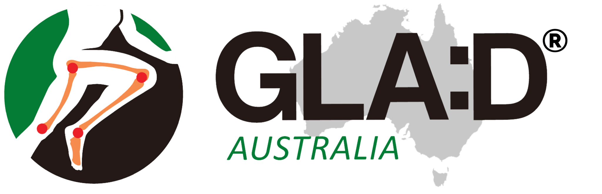 A logo with a stylized hip and knee, the map of Australia, and the words 'GLAD AUSTRALIA' in black and green font.