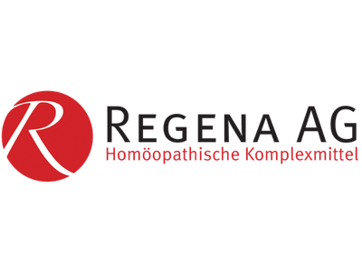 Logo von Regena AG mit rotem Kreis, weißem Buchstaben R, schwarzem Text 'REGENA AG' und rotem Untertitel 'Homöopathische Komplexmittel'.