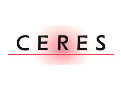 Das Bild zeigt das Wort 'Ceres' in schwarzen Buchstaben auf weißem Hintergrund. Unter dem Wort befindet sich eine dünne, rote Linie und im Hintergrund ist eine rot-weiße unscharfe Sphäre oder Lichtquelle sichtbar.