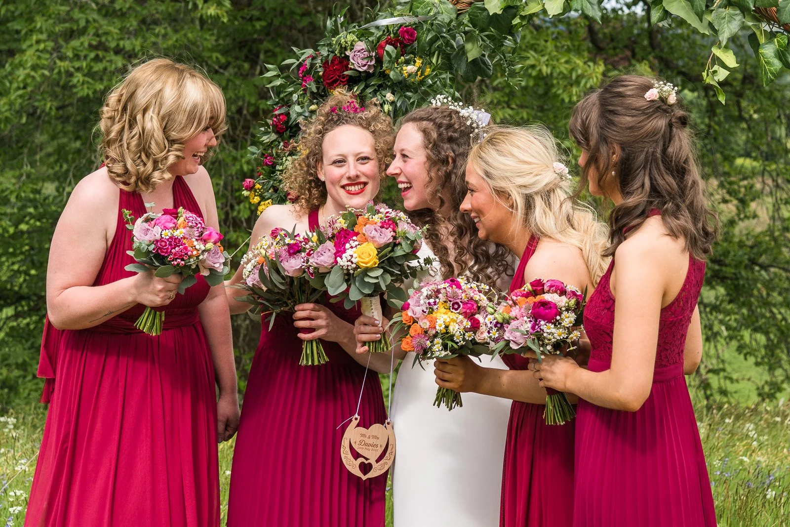 Bride with her bridemaids and a natural Scottish wedding photograph