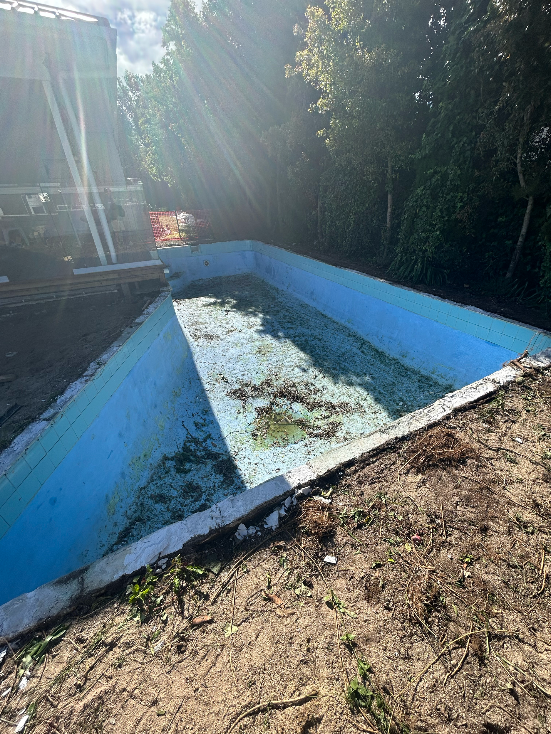 An empty swimming pool with peeling blue paint and algae, surrounded by dirt and sparse plants. The area refurbish build , with sunlight creating rays. Built by ESC outdoor living swimming pool builders. Auckland.