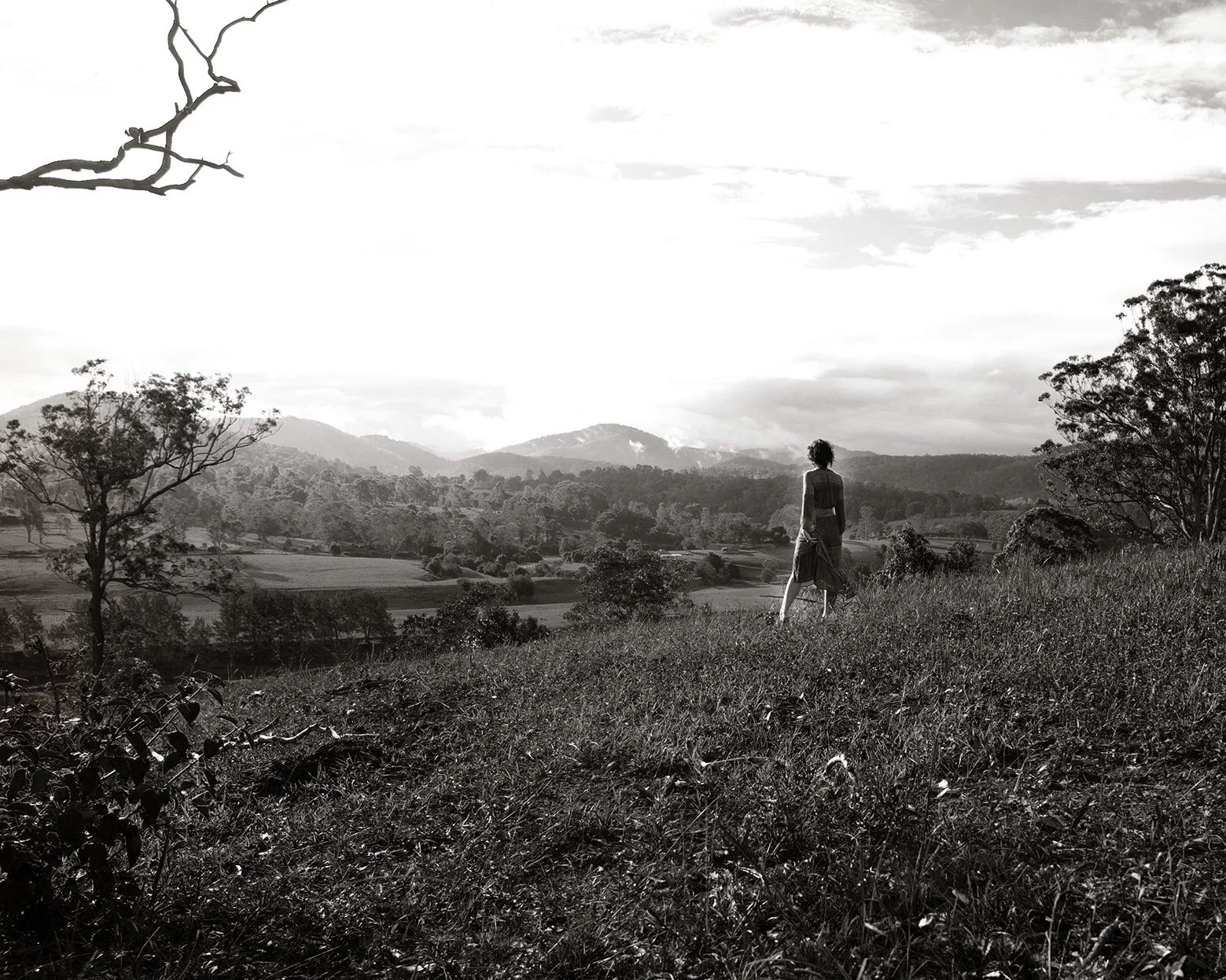 A person walking on a grassy hillside with a scenic landscape of trees, mountains, and a cloudy sky in the background, in black and white.