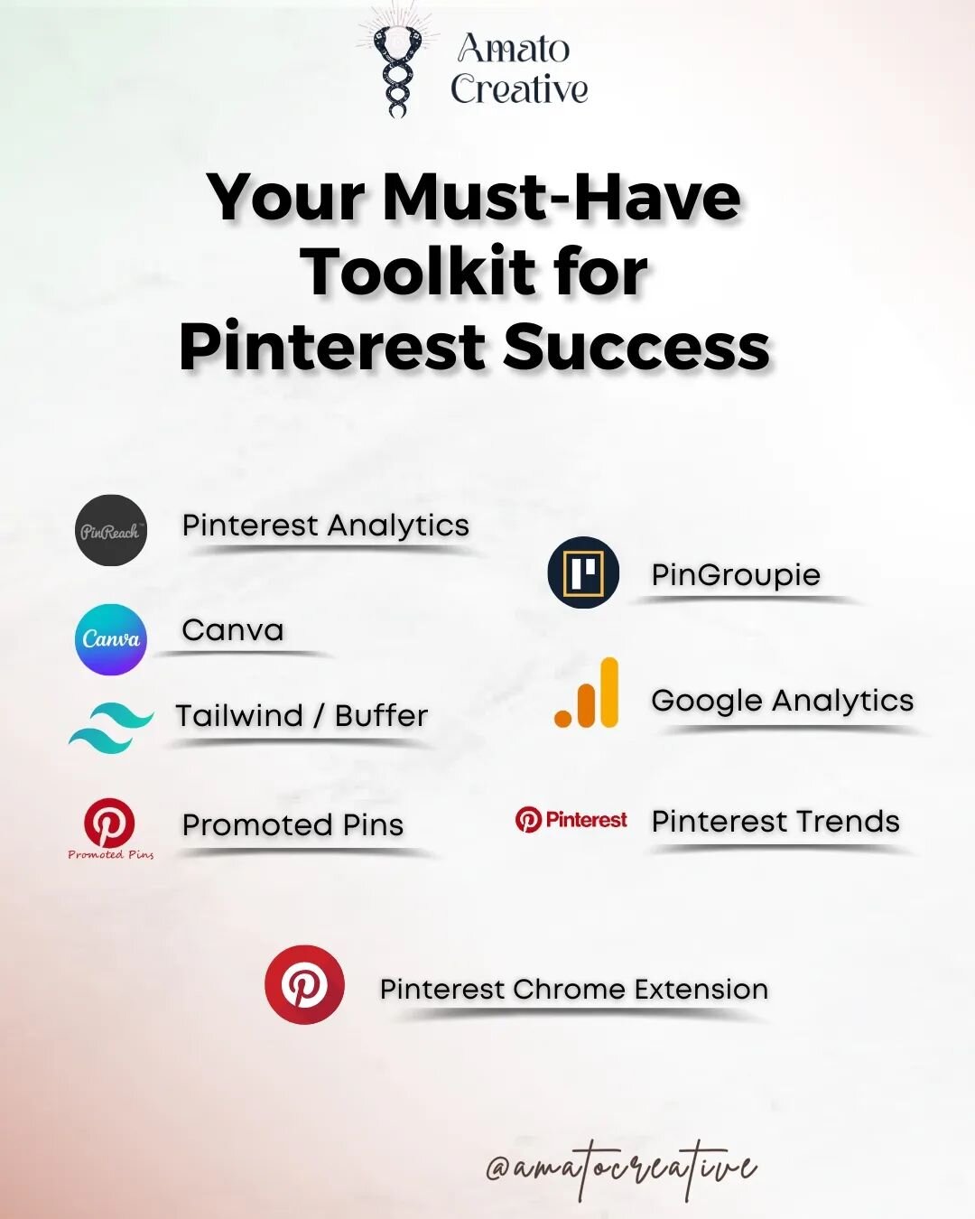 Fuel your Pinterest success with these essential tools! 🚀✨ 

📊 𝐏𝐢𝐧𝐭𝐞𝐫𝐞𝐬𝐭 𝐀𝐧𝐚𝐥𝐲𝐭𝐢𝐜𝐬: Gain insights into your Pins and boards, fine-tune your content strategy based on what resonates with your audience. 

🎨 No design skills? No pro