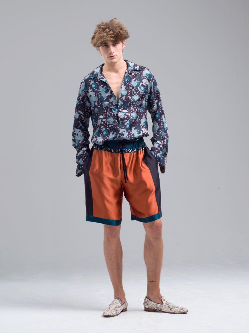 Meng Men S Orange Printed Long Silk Satin Shorts for Men