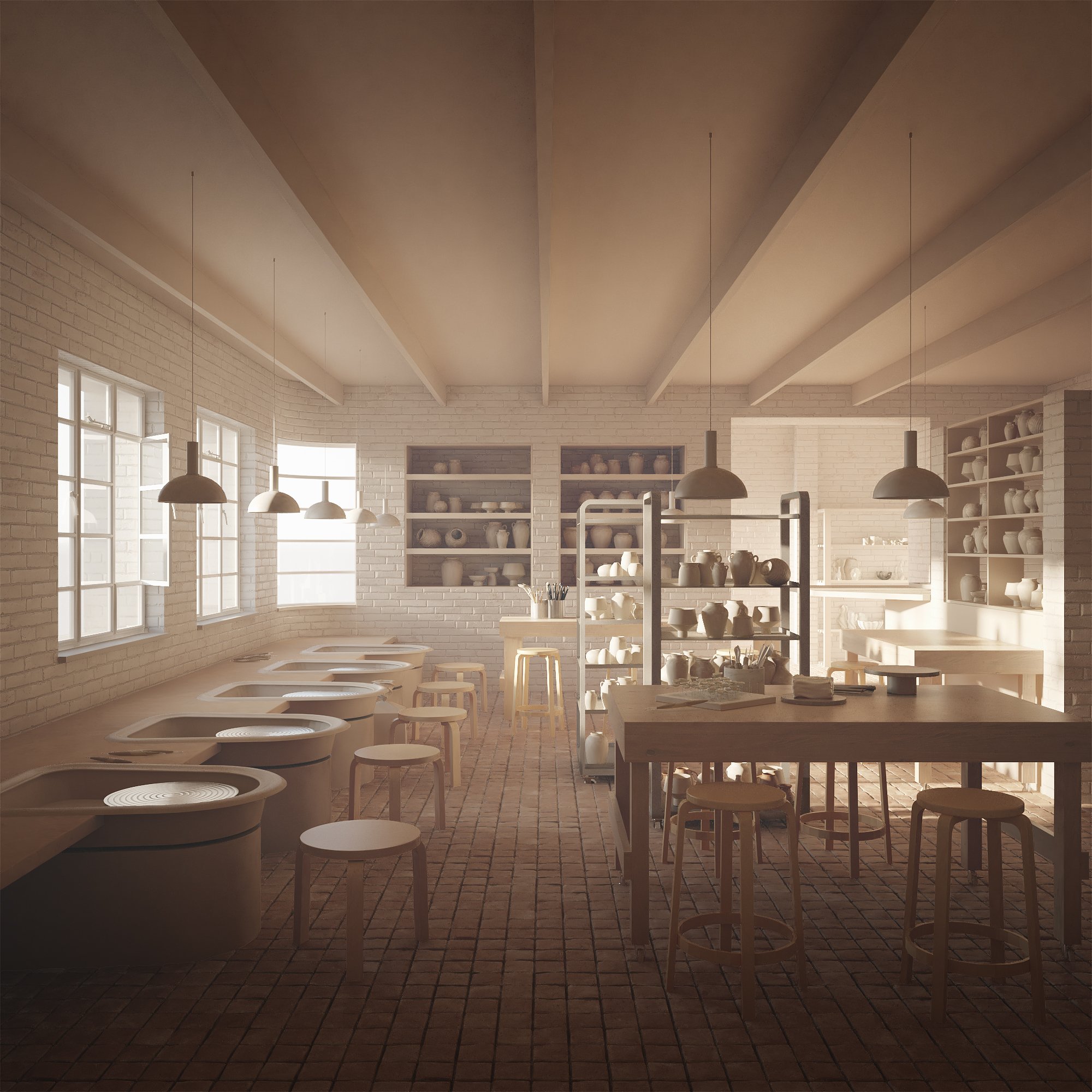 Interior CGI of Pottery Studio in Morning Light