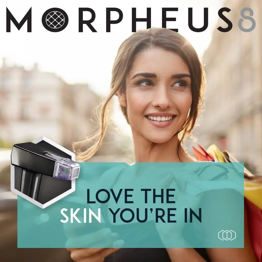 Cover of Morpheus 8 skincare device advertisement featuring a smiling woman outdoors with sunlight, holding shopping bags. Text overlay says 'Love the skin you're in' with a small image of the Morpheus 8 device.