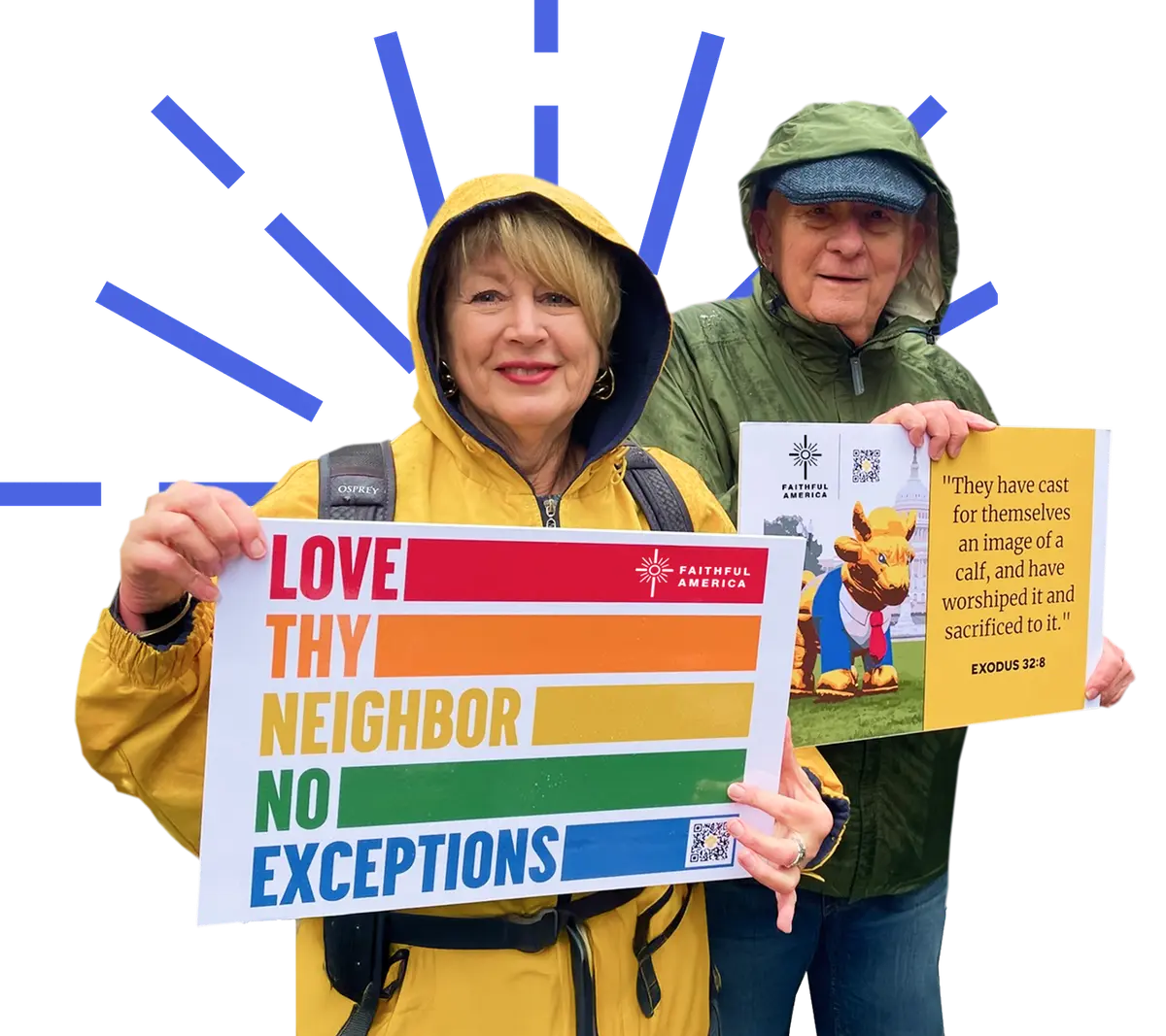 Two Faithful America members holding protest signs
