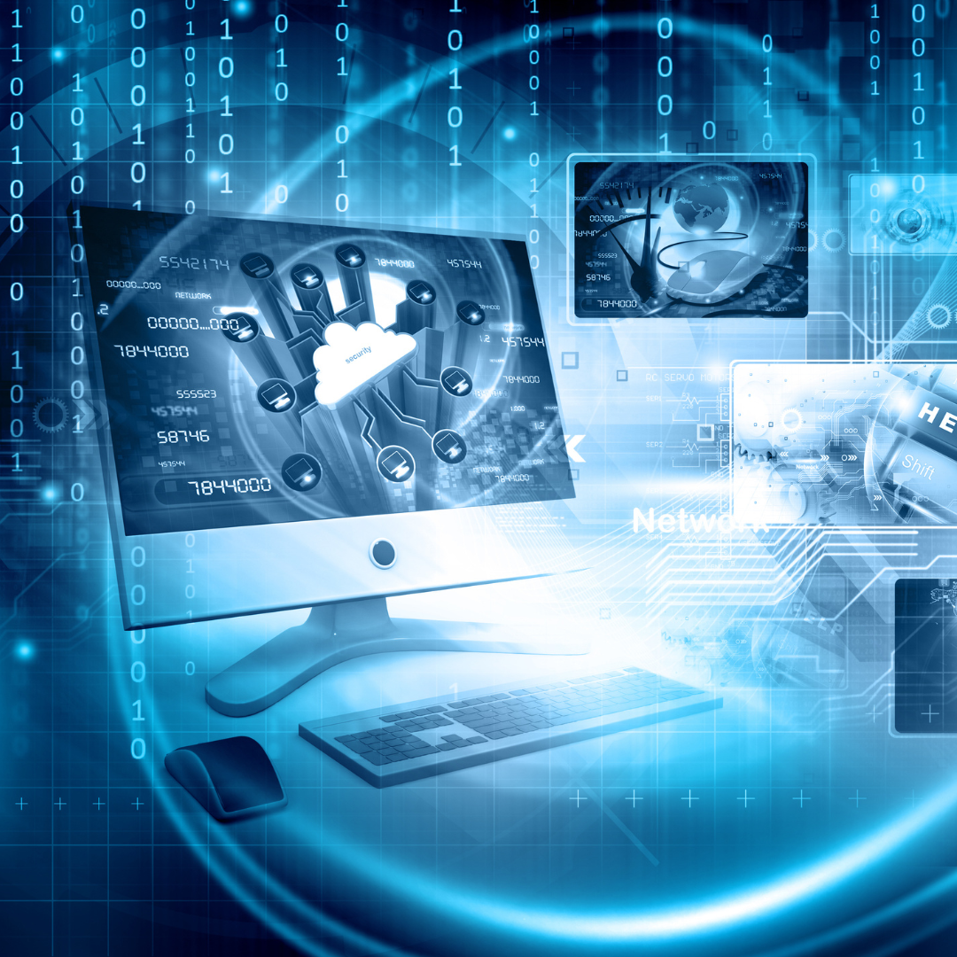 A computer monitor displaying cloud security icons with digital networks and binary code background, representing cybersecurity and data network concepts.