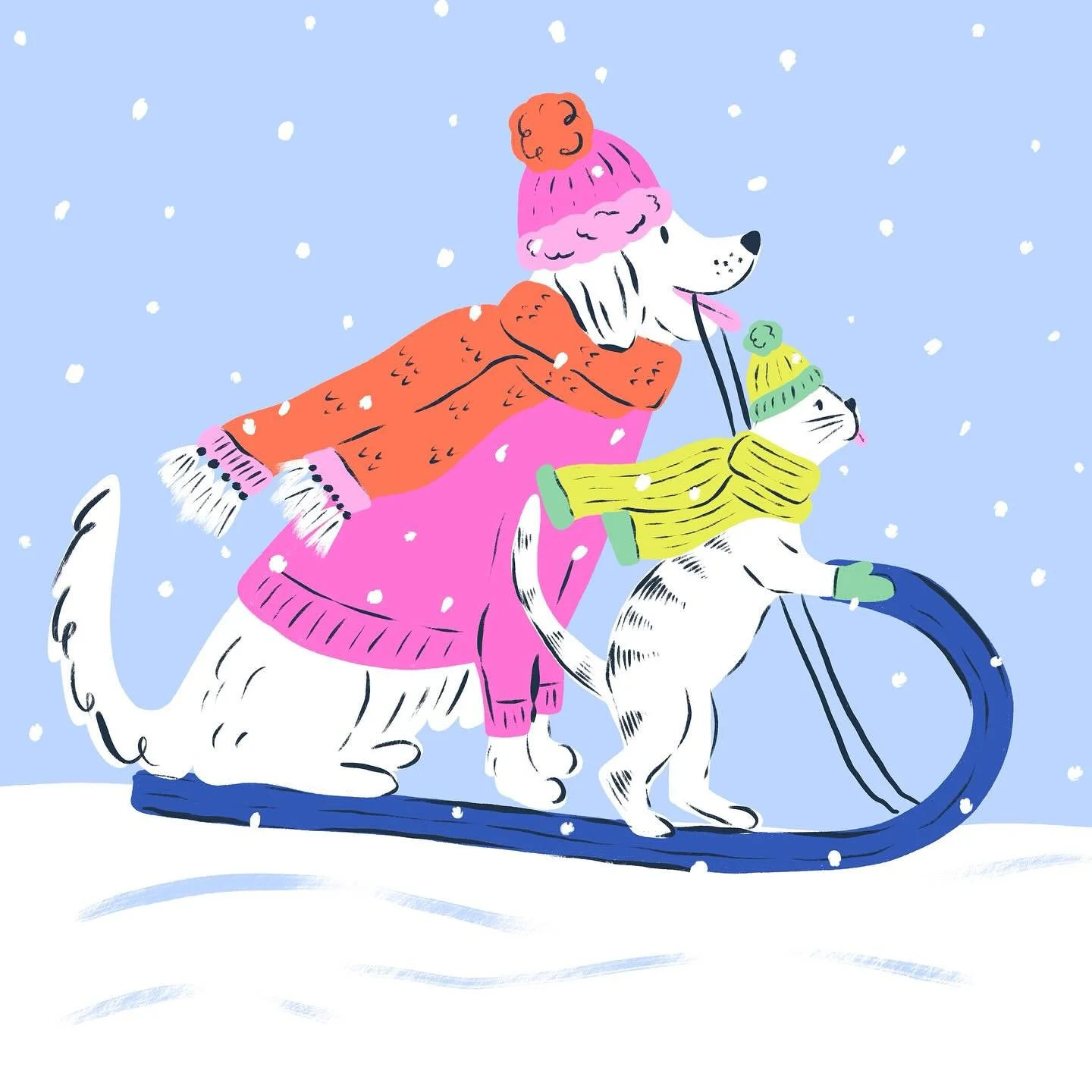 Me + my fam for the foreseeable future ❄️⛄️🏂🌨️❄️ who else is getting hit by this blizzard? I&rsquo;m not complaining! 

Snow day - dog art - cat art - sledding - winter - illustration - art licensing - surface pattern design