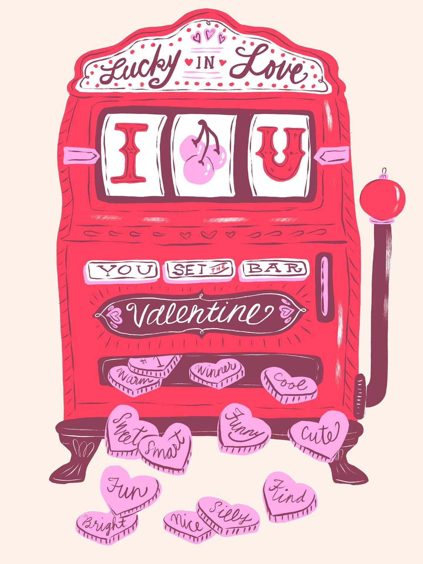 This one goes out to my love @mastorcap - I literally hit the jackpot with him! 

Art licensing - Valentine&rsquo;s Day - love - cute - pun - greeting card designer - illustration - retro - slot machine