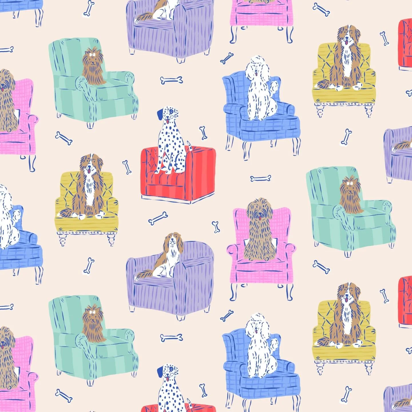 Basically the plan for the foreseeable future for us caught in the path of the blizzard of 2026!!!! The adorable doggies in stylish armchairs are a new pattern and available for licensing!! 

Dog art - illustration - art licensing - surface pattern d