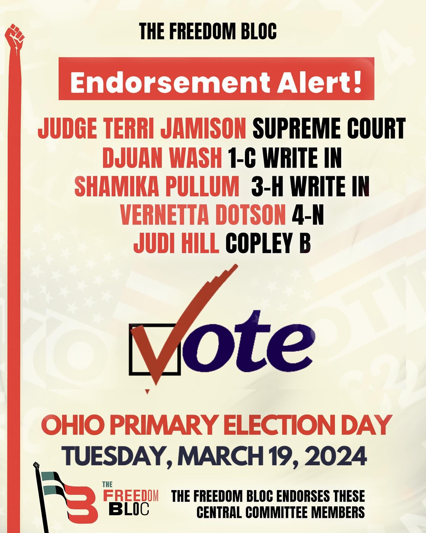 Election Day is Tuesday, March 19th!!!!!
The Freedom BLOC proudly endorses the following candidates for office: Judge Terri Jamison for Ohio Supreme Court, Djuan Wash for Central Committee Member in Akron Ward 1-C, Shamika Pullum in Akron Ward 3-H, V