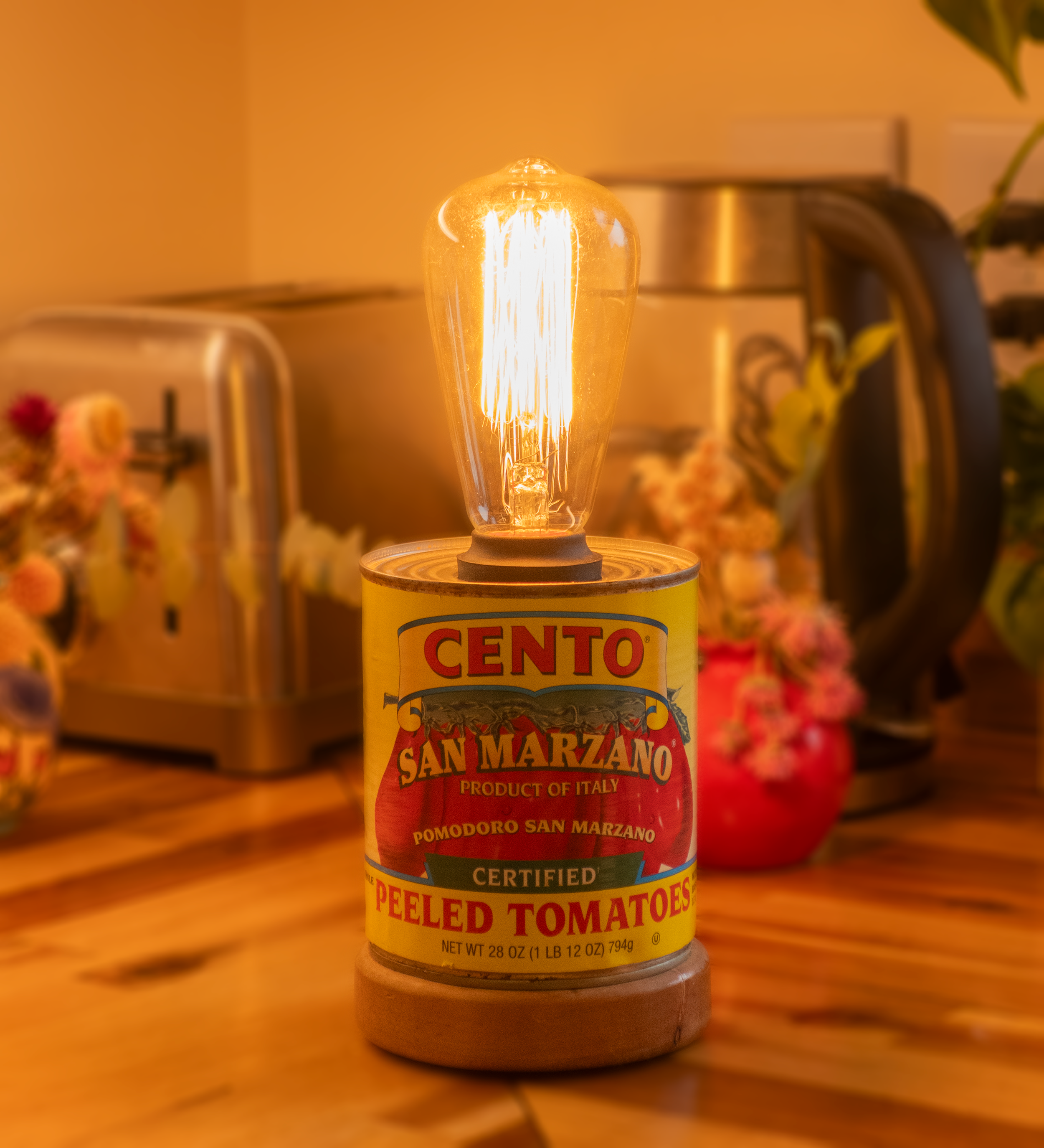 Cento brand tomato can with Edison bulb