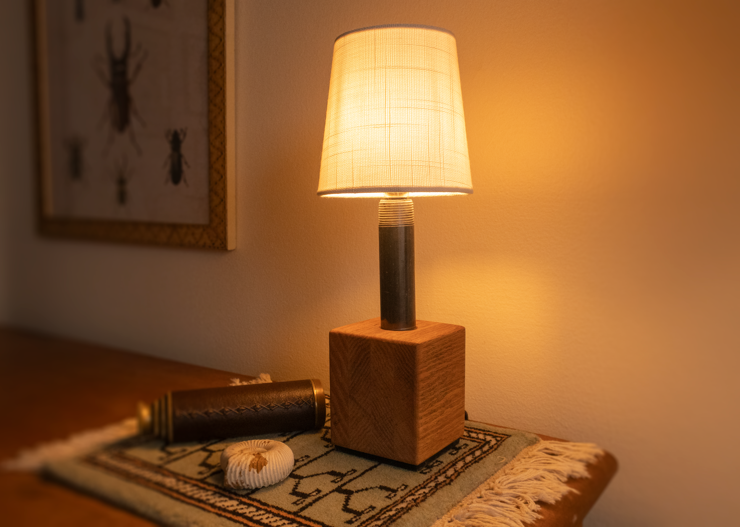 Small butcher block with on/off in rear (chandelier bulb)
