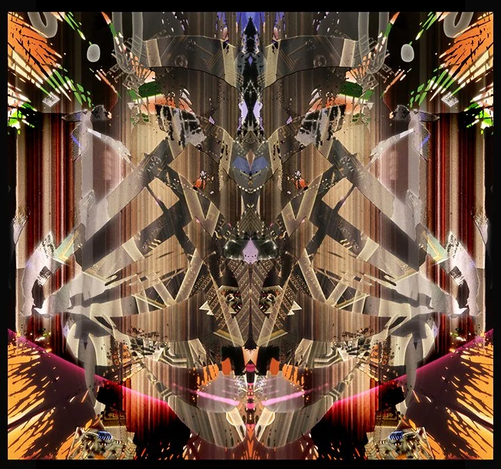 Abstract hybrid composition exploring the interaction between analog masking with digital reconstruction.