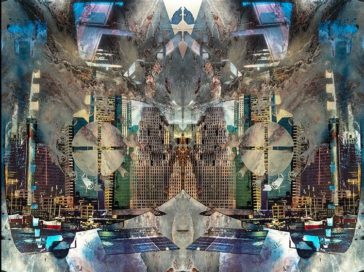 Hybrid analog - digital abstract created through large-format high contrast masks with color transparencies