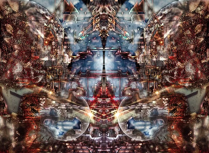 Multi-layered composite masks blending analog transparencies onto full frame digital image.